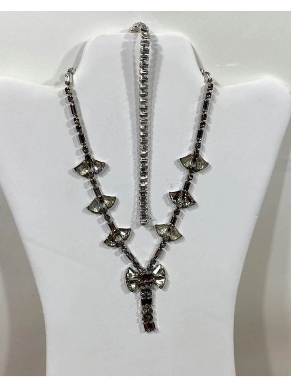Vtg Weiss Clear/ White Rhinestone Bow Necklace & Baguette Bracelet Jewelry Set